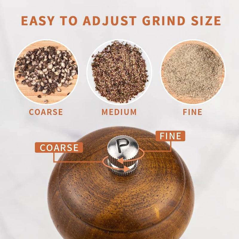 XWXO Wood Salt and Pepper Grinder Set, Salt Mill Pepper Grinder Set, Pepper Mill, Salt Shakers with Adjustable Ceramic Rotor- Oak Wood Pepper Grinder for Your Kitchen 8 inches - Pack of 2 - Image 4